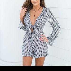 Plaid Black and White Tie Romper